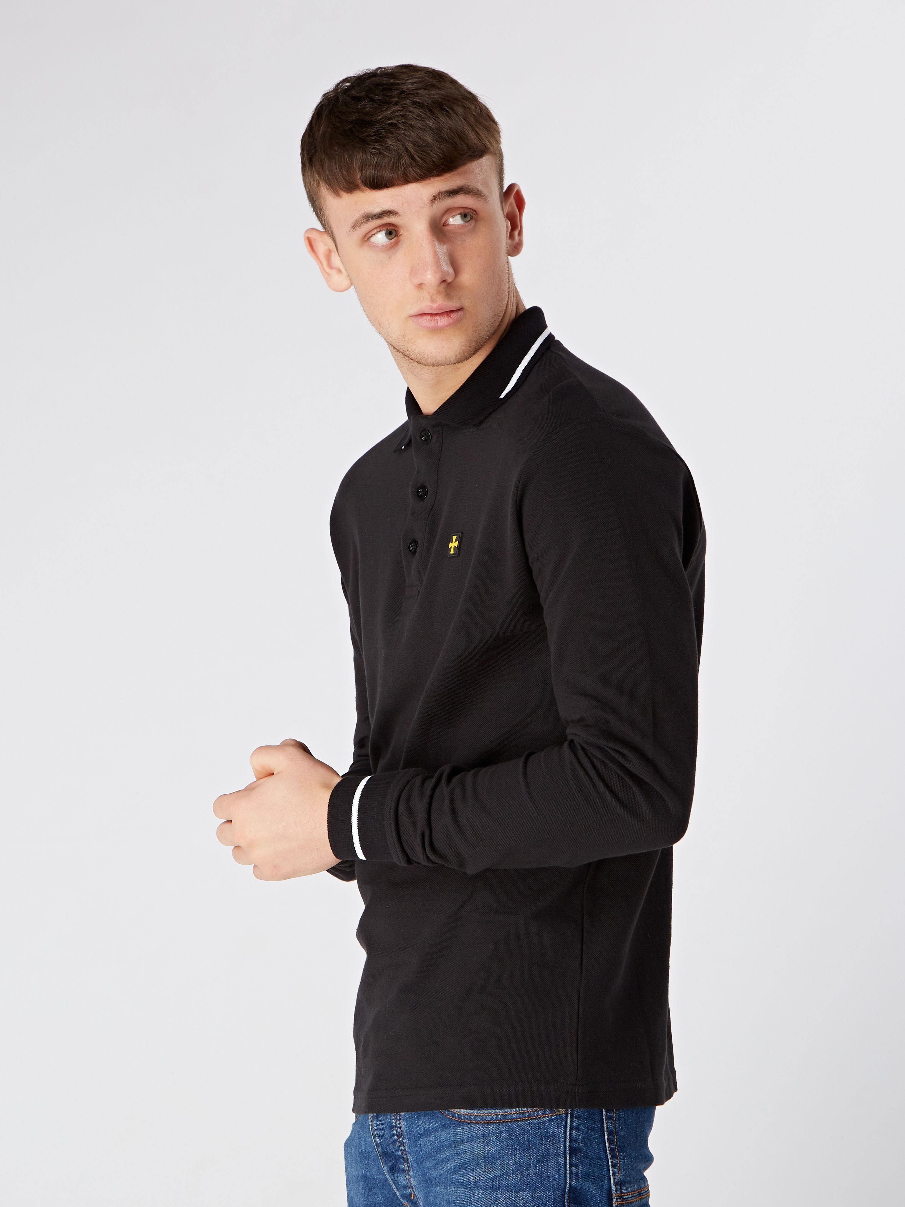 LONG SLEEVE POLO :: ZWART/WIT