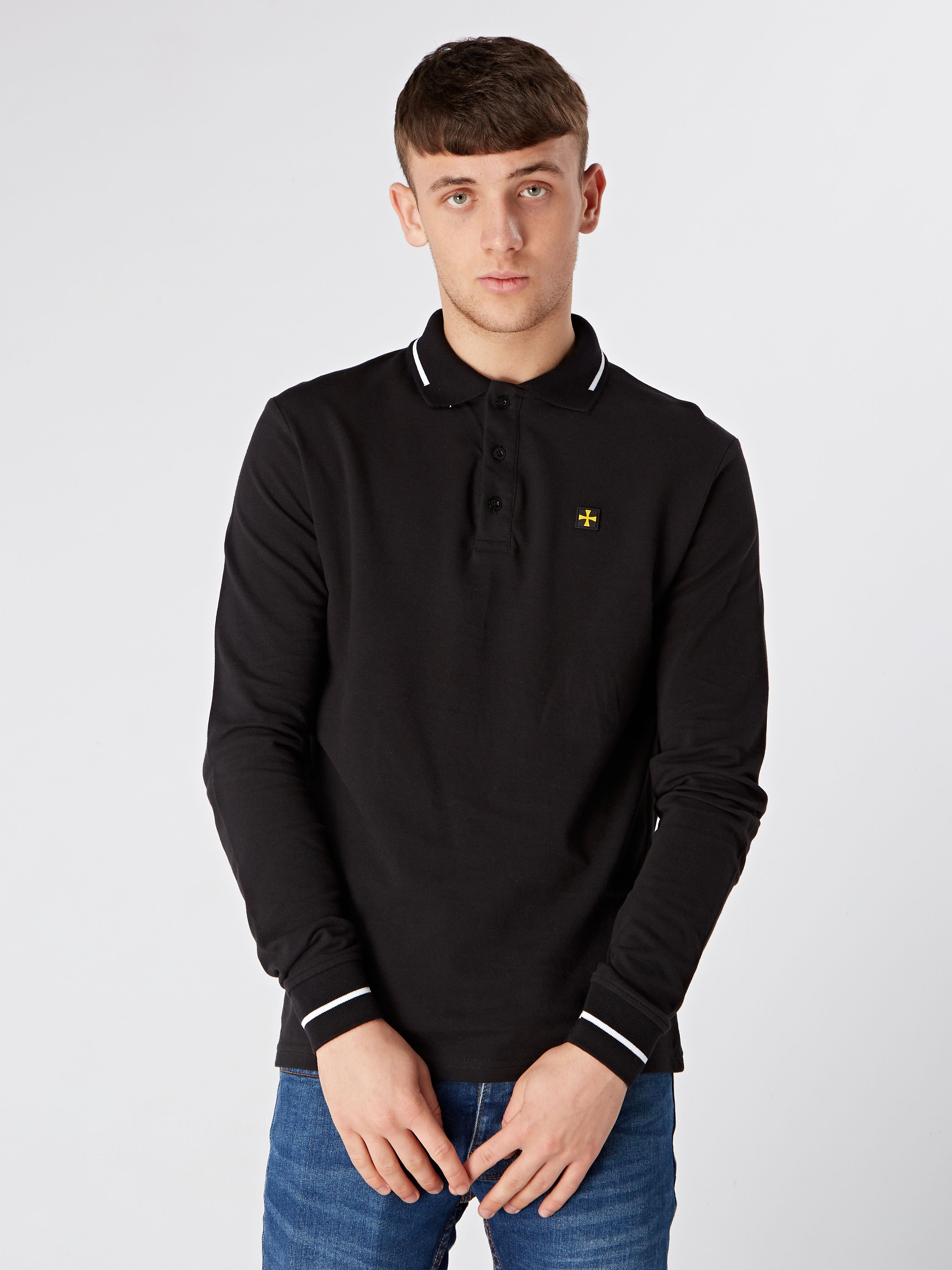 LONG SLEEVE POLO :: ZWART/WIT